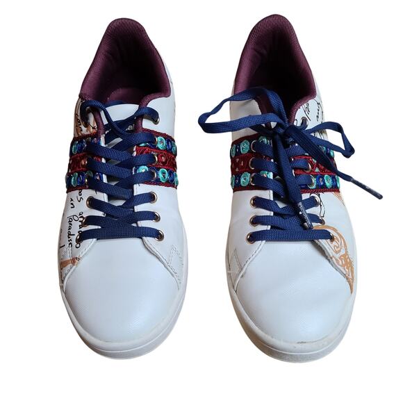Desigual Cosmic Exotic Blanco Embellished White Blue Red Sneakers Shoes 9 - Picture 2 of 6